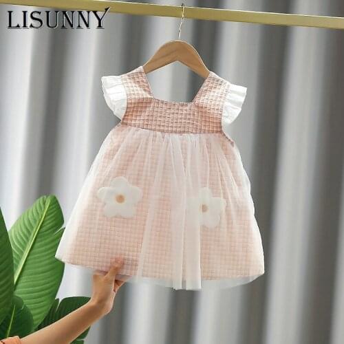 LISUNNY Toddler Baby Flowers Mesh Dresses Newborn Girls Sweet Floral Voile Costumes Infant Girl Summer Ball Gown Dress Floral