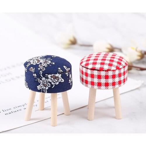 1/12 Scale Dollhouse Miniature Wooden Table Furniture Round Floral Stool Chair for Dolls House Decor Kids Pretend Play Toy