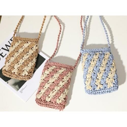 Fashion Mini Straw Woven Shoulder Bags Women Flower Stitching Color Mobile Phone Bag Casual Hand-woven Crossbody Bags Lady Purse