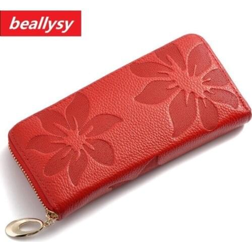 Fashion Genuine Cowhide Leather Women Long Purse Flower Embossing Female Zipper Lady Wallet Money Clips Woman Cards Phone Purse