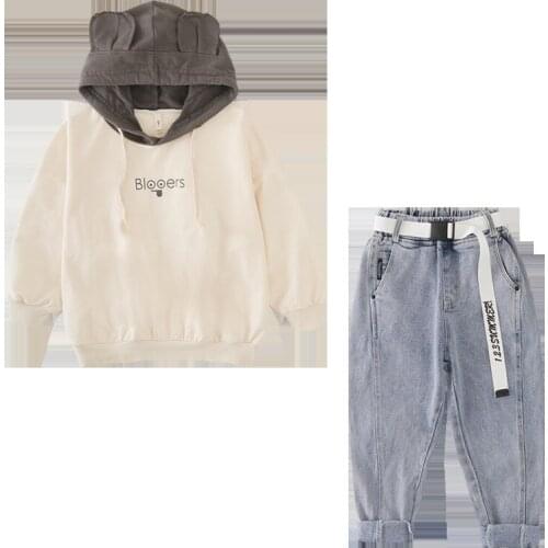 Girl autumn new casual two-piece suit Girls Hooded T-Shirt Jeans Set Girl Cartoon T-Shirt Jeans Set Girl comfort suit