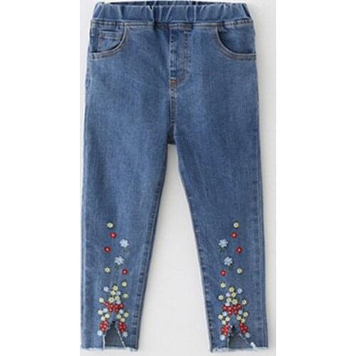 New arrival spring children girls casual jeans Kids fashion floral embroidery distrressed Jeans Pants for girls 3-8 years