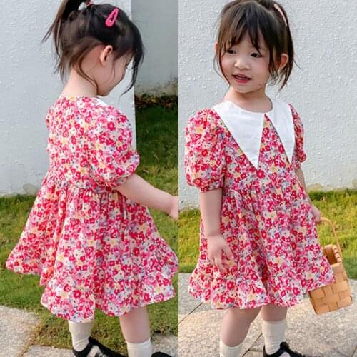 Summer Fashion New 3-8 Years Kids Girls Sweet Floral Doll Collar Short Sleeved Dress