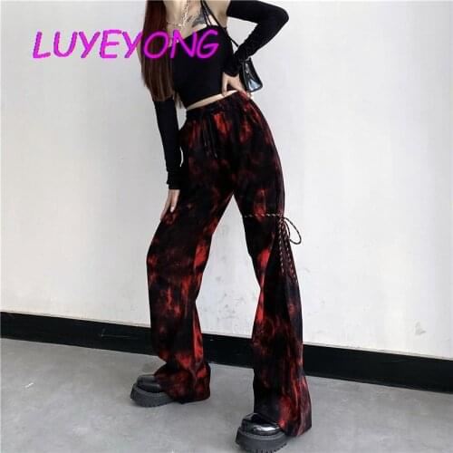 Autumn Elastic Waist Lace-up Slim Trousers Women Tie Dye Cool Street Goth Wide Leg Pant Dark Gothic Black Red Lady Long Pants