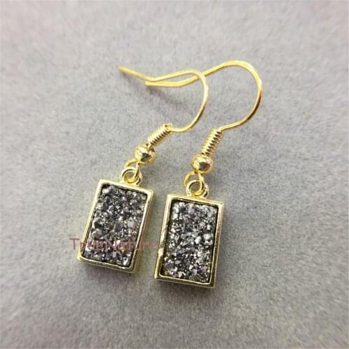 Silver Shimmer Druzy Crystal Earring Gold Electroplated Rectangle Earring Titanium Druzy Drop Earring In 11x8mm ER5132