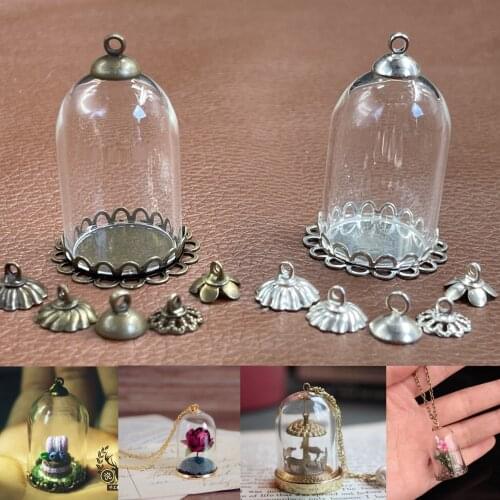 30x20mm Hollow tube glass jar with double lace base beads cap set glass vials pendant glass bottle jewelry findings home decor