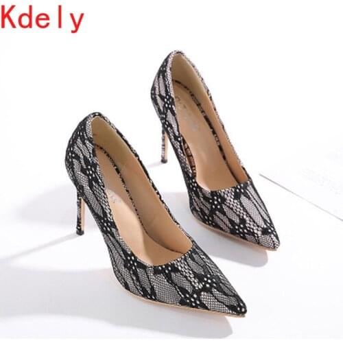 Lace High Heels Shoes Women Shallow Slip on Pumps Fashion Pointed Toe Slides Big Size Zapatos De Mujer Spring Summer Stilettos