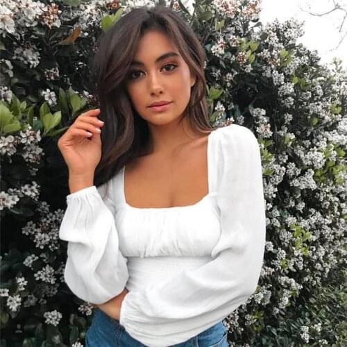 Autumn New women White Elegant Full Sleeve Office Lady Top T-shirt Hot Sale Sexy Elastic Waist Low-cut Ruffle Casual Tees