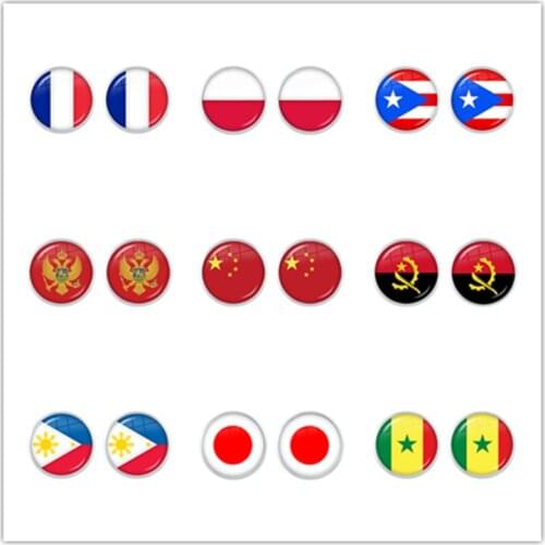 National Flag 12mm Stud Earrings France Poland Puerto Rico Montenegro China Angola Senegal Philippines Japan Jewelry For Women