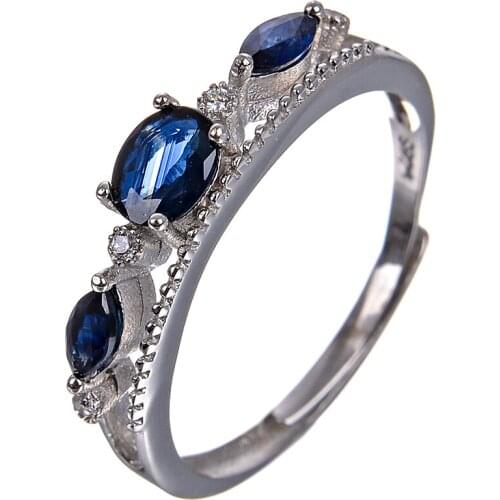 Blue Sapphire Ring Solid 925 Sterling Silver Gemstone Fine Jewelry Five-stone Classic Style Women
