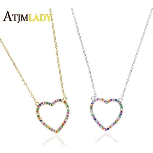 925 sterling silver Sweet Love Heart Necklace Statement Girlfriend Gift Cute Gold rainbow cz Necklace Jewelry Collier Femme 2019