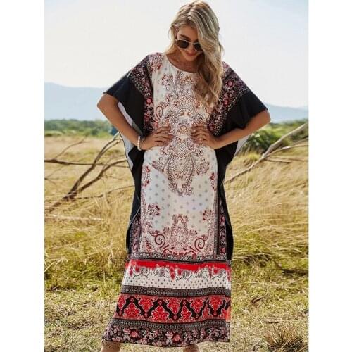 Women Floral Print Side Split Beach Tunic Dress Oversized Loose Maxi Kaftan Drawstring Waist Bikini Swimsuit Cover Up