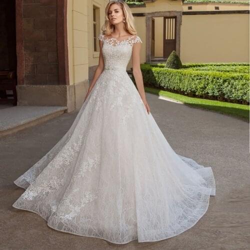 Fanweimei Elegant Organza and Tulle Sweep Train A-line Wedding Dress Cap Sleeve Applique Beading Btidal Gowns Vestido de Novia