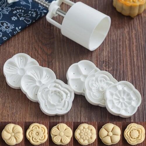 6 Flower Stamps Moon Cake Mould 3D DIY Round Mooncake Mold Baking Decor Tool 50g convenient Cake