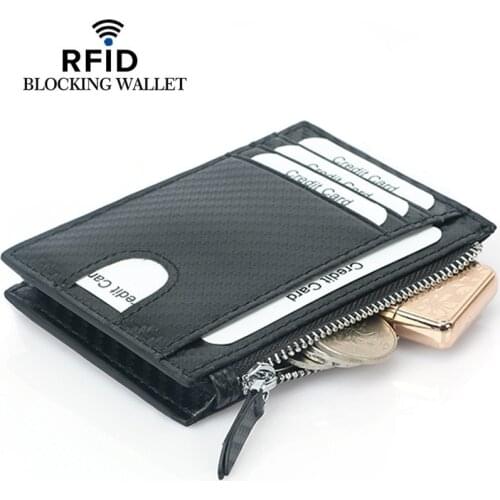 Fashion Zipper Men Coin Purse RFID Carbon Fiber Credit Card Case Mini Card Holder Multi-card Slot Anti-Theft Wallet