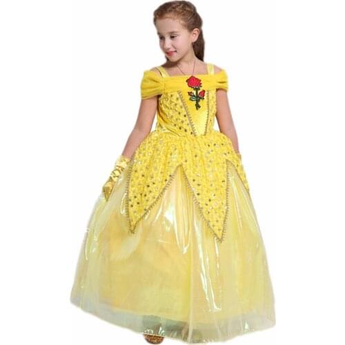 Summer Kids Princess Belle Dresses Flower Girls Halloween Costume Cotton Long Ball Gown Party Suspenders One-piece Dress Gloves