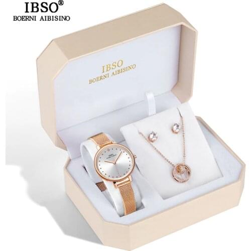 IBSO Brand Women Rose Gold Watch Earring Necklace Set Female Jewelry Set Fashion Creative Crystal Quartz Watch Ladys Gift