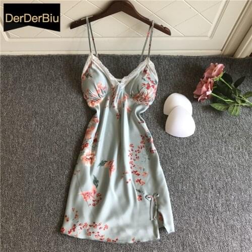 Deep v-neck Lace Nightwear Ice silk Ladies Sexy Sleepwear Breathable Womens Nightgown With chest pad Sleep Dress Silky nightie