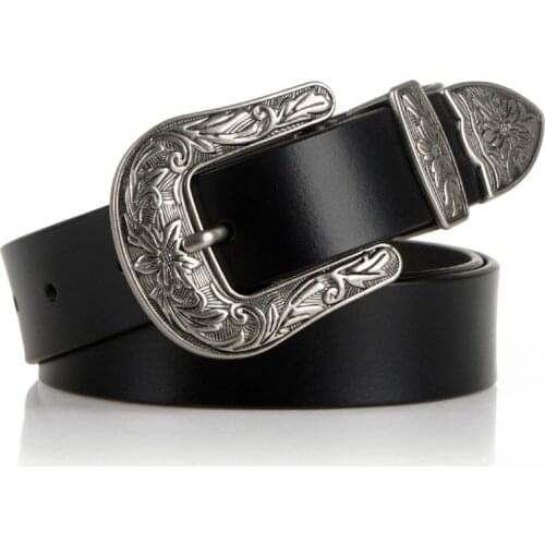 Carved Flower Metal Pin Buckle Women Belts High Quality Vintage Female Genuine Leather Strap Luxury Designer Lady Jeans For Belt