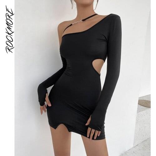 Rockmore Sexy Hollow Out Mini Dresses Diagonal Collar Long Sleeve Dress Women Solid Bodycon Party Split Dress Streetwear 2021