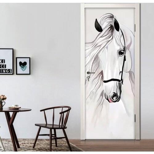 Self-adhesive 3D Door Stickers Hand Painted White Horse Abstract Art Wall Painting Bedroom Study Room Door Mural Wallpaper Decor