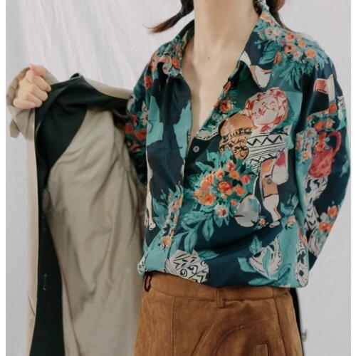 French chic retro still life flower oil painting printing long sleeve shirt woman fashion clothes woman 2020 Turn-down Collar