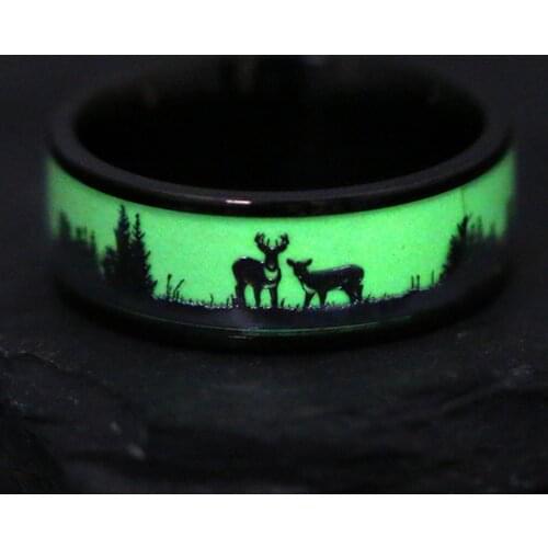 Unisex Black Hunting Ring Wedding Band Deer Stag Silhouette 8MM Elk Luminous Rings Christmas Jewelry Gift For Women Girlfriend