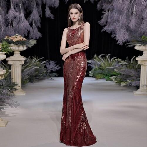 Wei yin AE0534 Dubai Sleeveless O-Neck Evening Dress 2021 Latest Sexy Sequined Formal Party Wear Gown