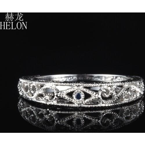 HELON Ladies Vintage Genuine Sapphires Vintage Ring Solid 10k White Gold Art Nouveau Wedding Anniversary Women Gemstone Ring