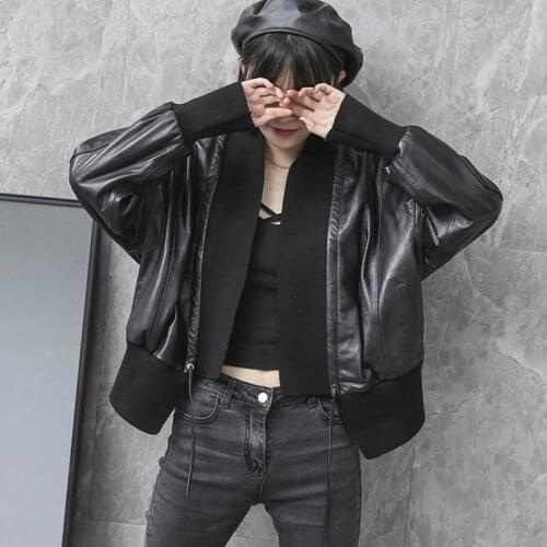 2021 Women Faux PU Leather Short Jacket Female Thread Knit Stitching Loose Fashion Drawstring Coat Autumn Stand Collar Cardigan