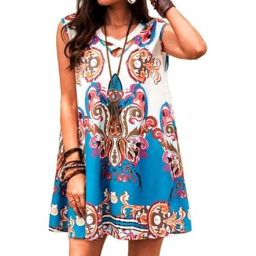Womens New Cross V-neck Dress Print Sleeveless 2021 Summer Womens Casual Loose Dresses Sexy Mini Dress Fashion Loose hem