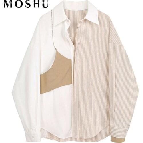 Women Striped Blouse Long Sleeve Printed Loose Fit Shirt Big Size Split Lapel Fashion Patchwork Chic Tops Spring Autumn 2021