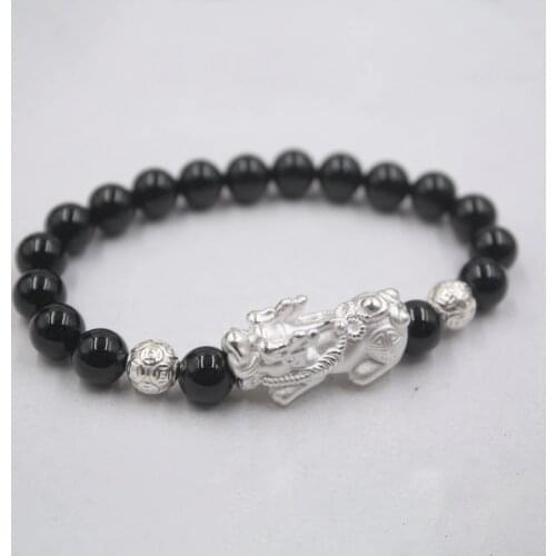 925 Sterling Silver Bracelet Fine Silver Jewelry Luck Bless Pixiu & 8mmW Black Agate Bead Link Bracelet Gift For Women 6.3"L