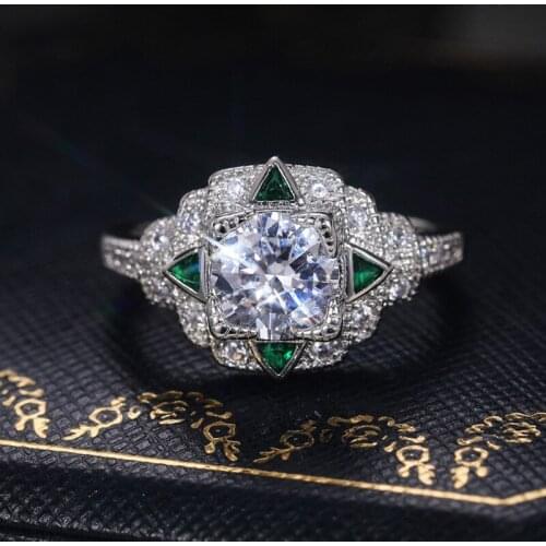 Antique Silver Color Wedding Ring Vintage Female White Green Zircon Rings For Women Luxury Bridal Crystal Square Engagement Ring