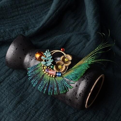 New Original handmade Peacock Feather brooch ,New Ethnic jewelry copper flowers brooch, glazed stones vintage brooch