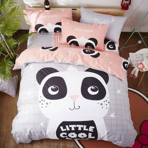 Papa&Mima Grey Panda Cartoon Kids Children Linens Twin Queen Cotton Fitted Sheet Pillowcase Duvet Cover Bedding Set