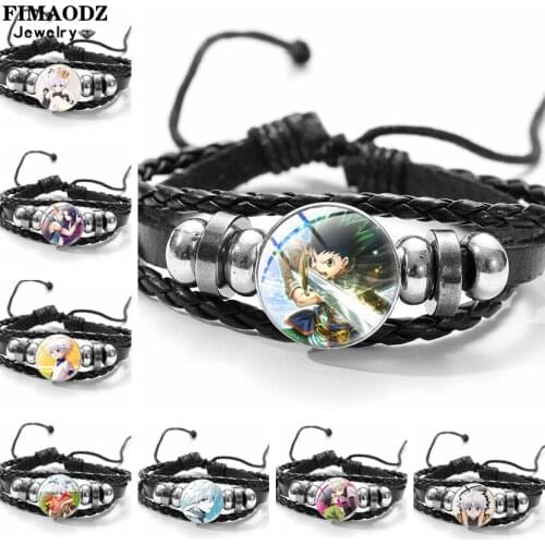 FIMAODZ Anime Hunter X Hunter Figure Bracelet Handmade Leather Woven Glass Button Charm Bracelets Wristband Cosplay Jewelry
