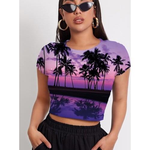 3d Tshirt Landscape T-shirt Women Coconut Tree Navel Bare Cloud Tshirts Casual Sunset Tshirt Printed Womens Clothing Hip Hop