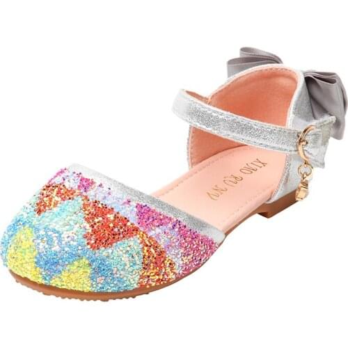 Summer Kids Sandals for Girls Princess Glitter Rhinestone Leather Shoes Fashion Low Heel Bow Baby Girl Party Shoes SJD016