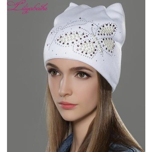LILIYABAIHE Women Autumn And Winter Hat Ladies Cat Girls Hats For Women Beanies Pearls Butterfly Diamond Touca Knitted Cap