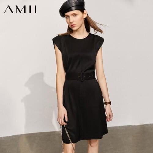 Amii Minimalism Summer Dresses Women Elegant Oneck Sleeveless Mini Dress Office Lady Straight Sashes Womens Dress 12130211