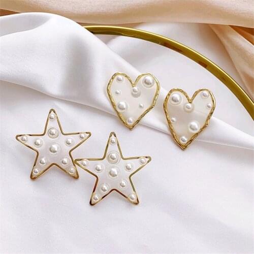Fashion Pearl earrings female Classic irregular transparent heart stud earrings Metal stars Hyperbole big earrings for women