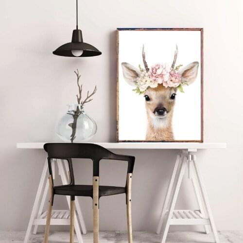 Deer Nursery Wall Art Animal Pink Flowers Canvas Painting Pictures Fawn Posters Print Nordic Style Baby Room Home Decoration