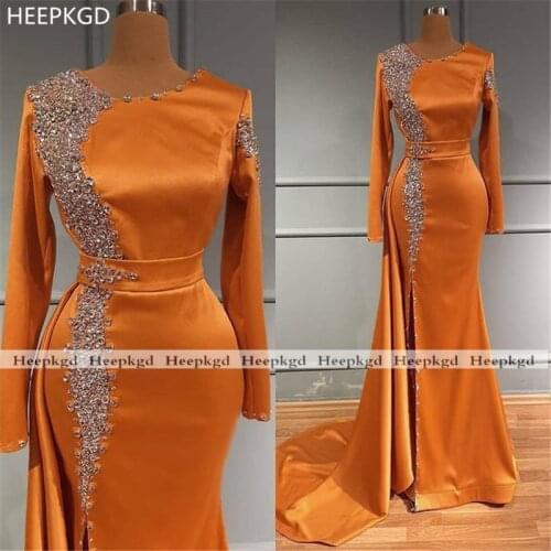 Long Sleeves Orange 2021 Mermaid Evening Dress Glitter Crystals High Slit Detachable Train Women Formal Gowns For Party Evening