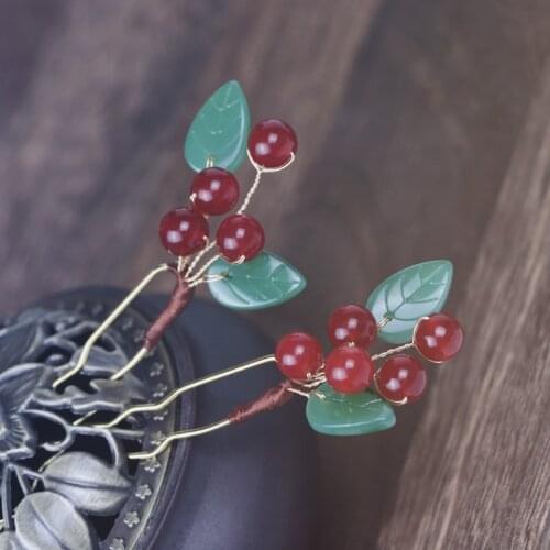 Original Handmade Hanfu Embellished Hairpin Chalcedony Red Fruit Antique Hairpin Headdress Hair Accessories