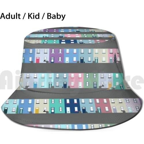 Houses Pattern Bucket Hat Adult kid baby Beach Sun Hats Houses Terrace Bright Cute Cats Colour Block Skyline Tebay Quirky