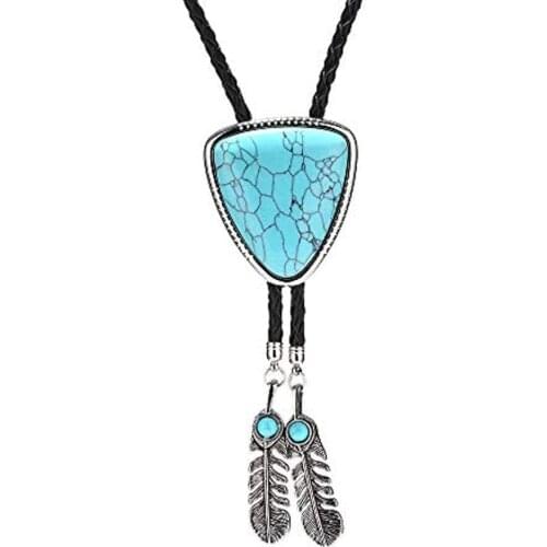 Feather pandent Bolo tie for man women Handmade Western Art Indian Alloy Necktie Triangle naturel stone