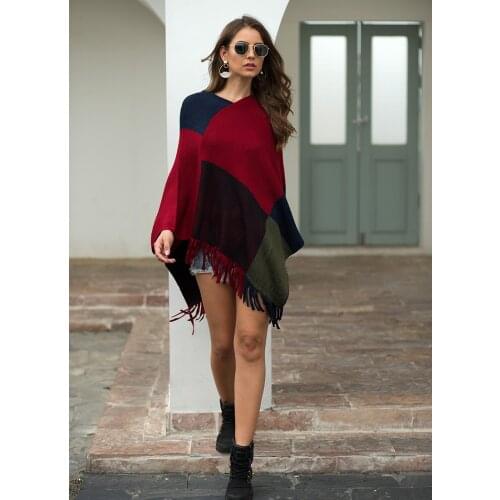 Women Plus Size Ponchos and Capes Color Block Stripes Tassel Knitted Shawl Cloak Female Casual V-neck Oversized Cardigan Poncho