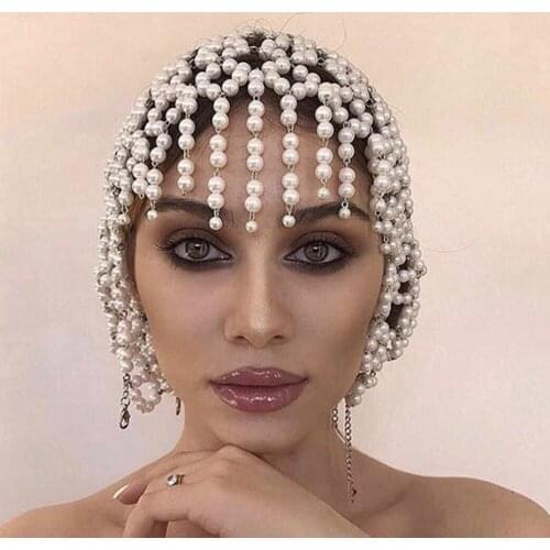 Handmade Bejeweled Hollow Pearl Tassel Forehead Headpiece Bridal Head Chain for Women Pearls Head Cap Hat Headband Accessories