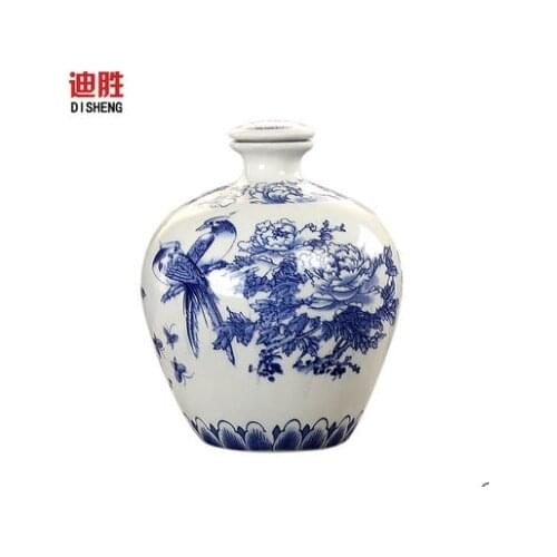 Blue and white seal pot peony Store it ceramic bottle White wine with five catties medicine wine brewed wine jar
